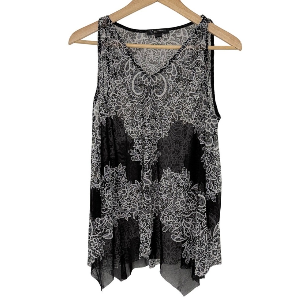 INC International Concepts Petite Black White Lace Print Mesh Handkerchief Top